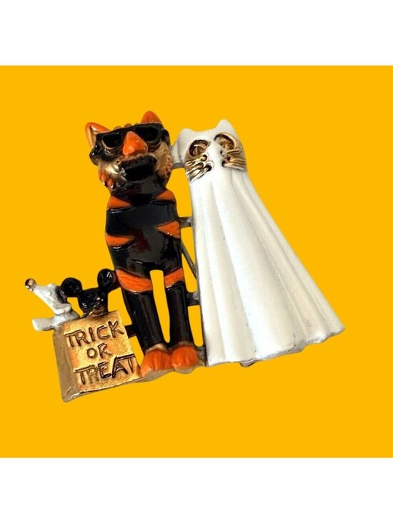 American Jewelry Company Jewelry - Vintage Halloween Signed AJC Brooch Spooky Cat Ghost Enamel Pin Trick or Treat